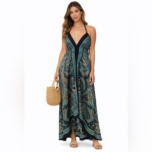 Boho Paisley Halter Maxi Dress | Teal Black Resort Style Festival Coastal Chic